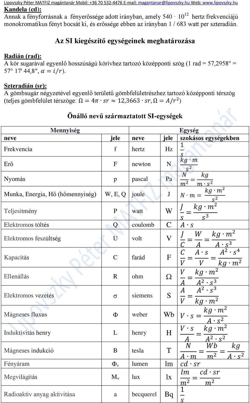 Szteradián (sr): A gömbsugár négyzetével egyenlő területű gömbfelületrészhez tartozó középponti térszög (teljes gömbfelület térszöge: ) Önálló nevű származtatott SI-egységek Mennyiség Egység neve