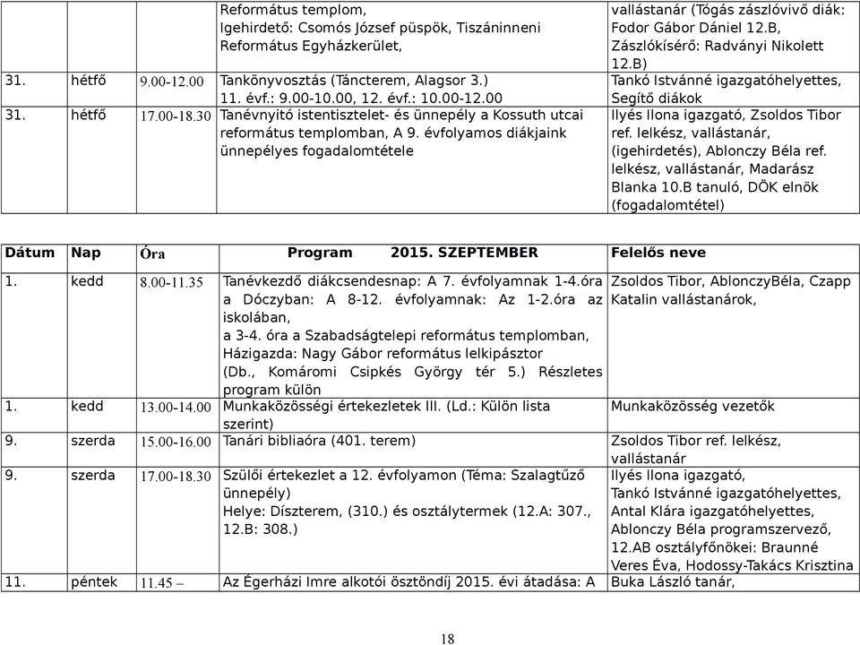 évfolyamos diákjaink ünnepélyes fogadalomtétele vallástanár (Tógás zászlóvivő diák: Fodor Gábor Dániel 12.B, Zászlókísérő: Radványi Nikolett 12.