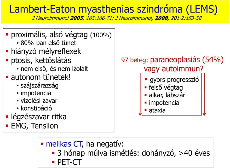 szájszárazság impotencia vizelési zavar konstipáció légzészavar ritka EMG, Tensilon 97 beteg: paraneoplasiás (54%) vagy