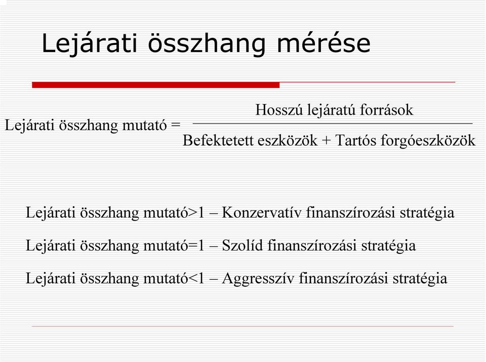 Konzervatív finanszírozási stratégia Lejárati összhang mutató=1 Szolíd