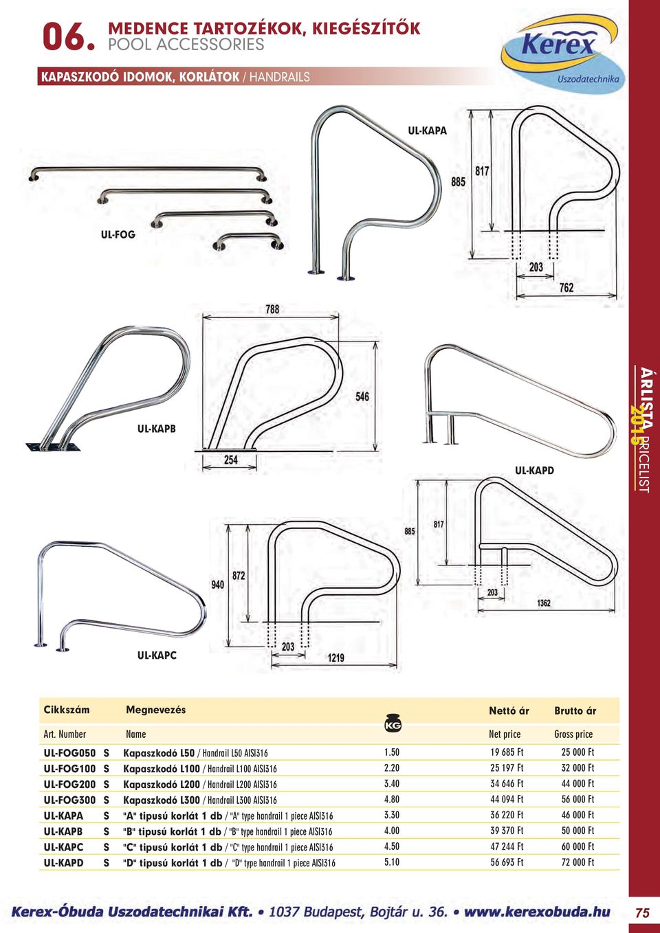40 34 646 Ft 44 000 Ft UL-FOG300 S Kapaszkodó L300 / Handrail L300 AISI316 4.80 44 094 Ft 56 000 Ft UL-KAPA S "A" tipusú korlát 1 db / "A" type handrail 1 piece AISI316 3.