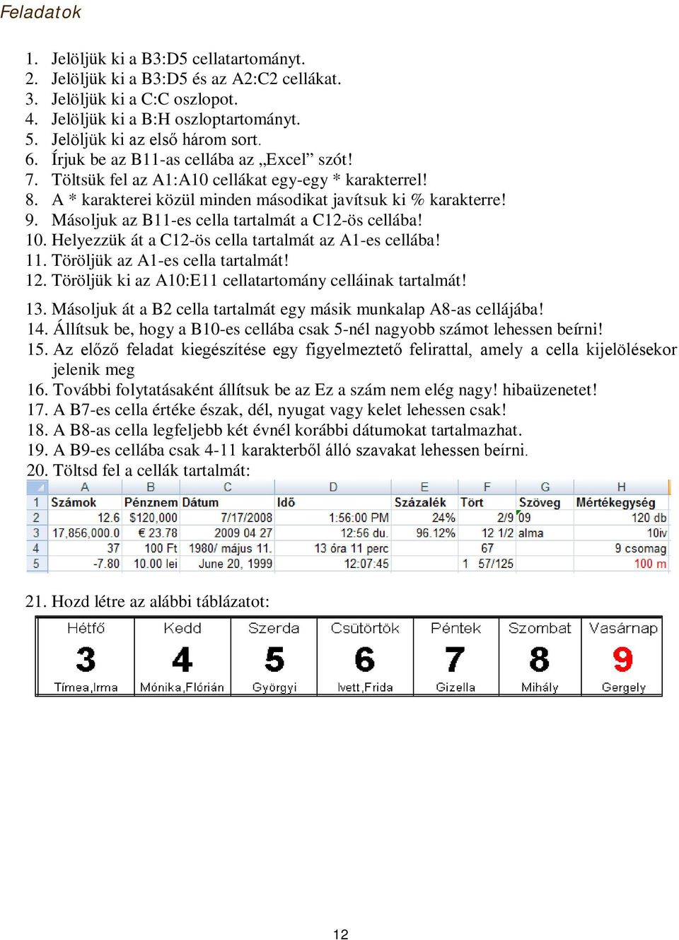 Másoljuk az B11-es cella tartalmát a C12-ös cellába! 10. Helyezzük át a C12-ös cella tartalmát az A1-es cellába! 11. Töröljük az A1-es cella tartalmát! 12.