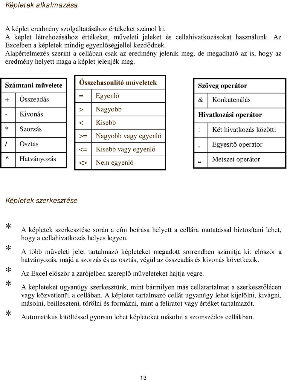 Számtani művelete + Összeadás - Kivonás * Szorzás / Osztás ^ Hatványozás Összehasonlító műveletek = Egyenlő > Nagyobb < Kisebb >= Nagyobb vagy egyenlő <= Kisebb vagy egyenlő <> Nem egyenlő Szöveg