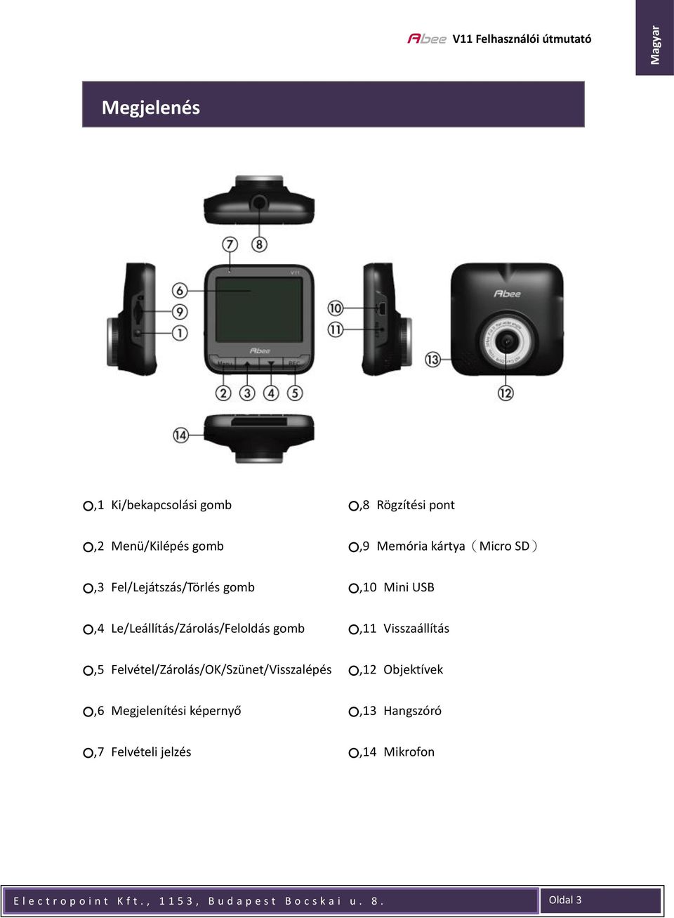 Felvételi jelzés,8 Rögzítési pont,9 Memória kártya(micro SD),10 Mini USB,11 Visszaállítás,12