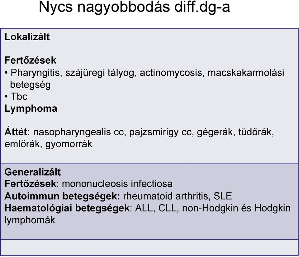 Lymphoma Áttét: nasopharyngealis cc, pajzsmirigy cc, gégerák, tüdőrák, emlőrák, gyomorrák