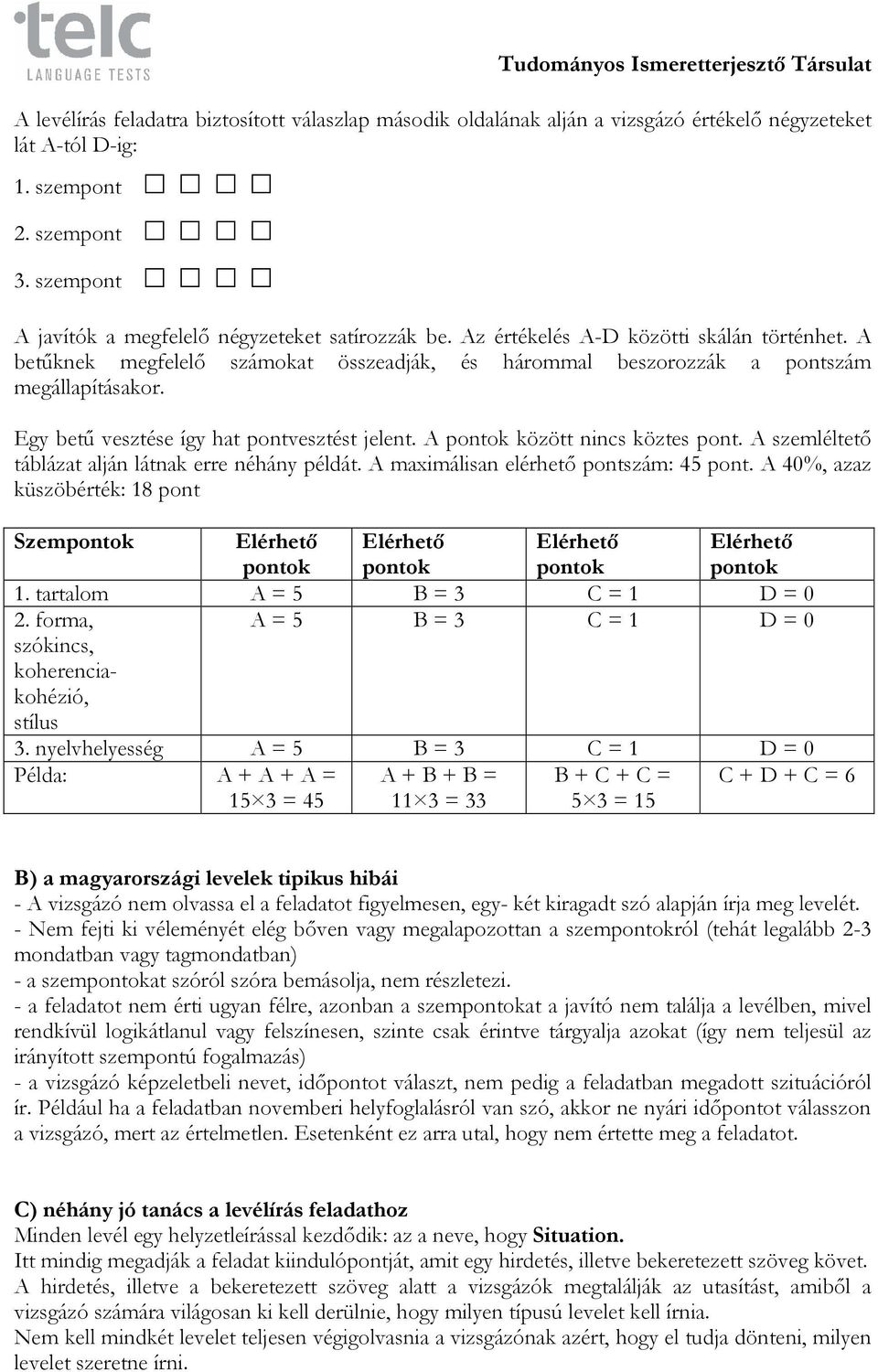 A pontok között nincs köztes pont. A szemléltető táblázat alján látnak erre néhány példát. A maximálisan elérhető pontszám: 45 pont.