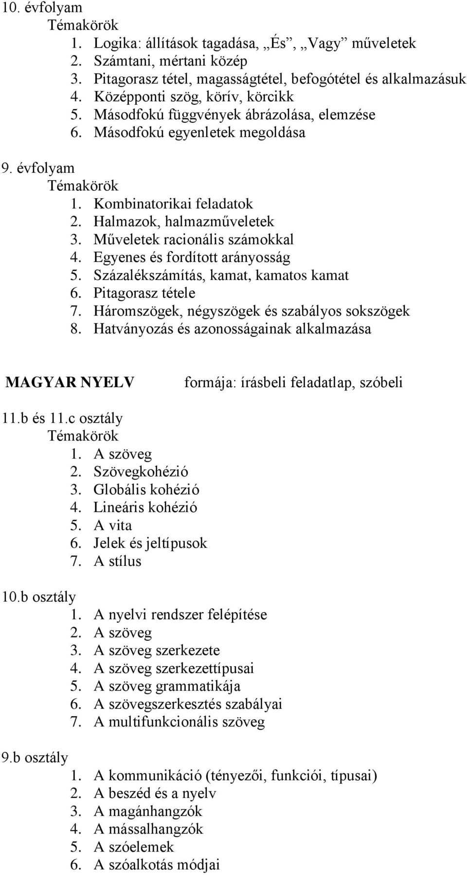 Egyenes és fordított arányosság 5. Százalékszámítás, kamat, kamatos kamat 6. Pitagorasz tétele 7. Háromszögek, négyszögek és szabályos sokszögek 8.