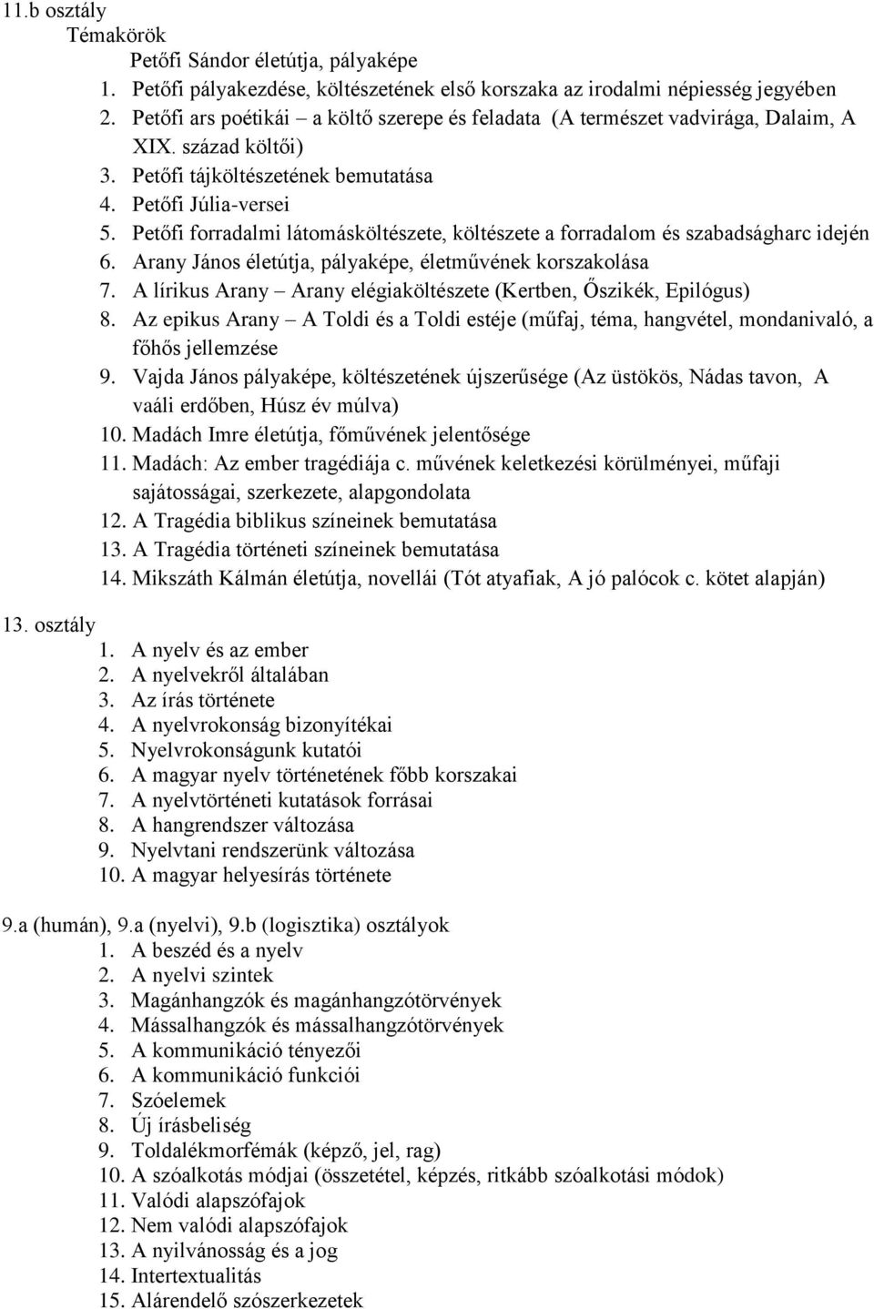 Petőfi forradalmi látomásköltészete, költészete a forradalom és szabadságharc idején 6. Arany János életútja, pályaképe, életművének korszakolása 7.