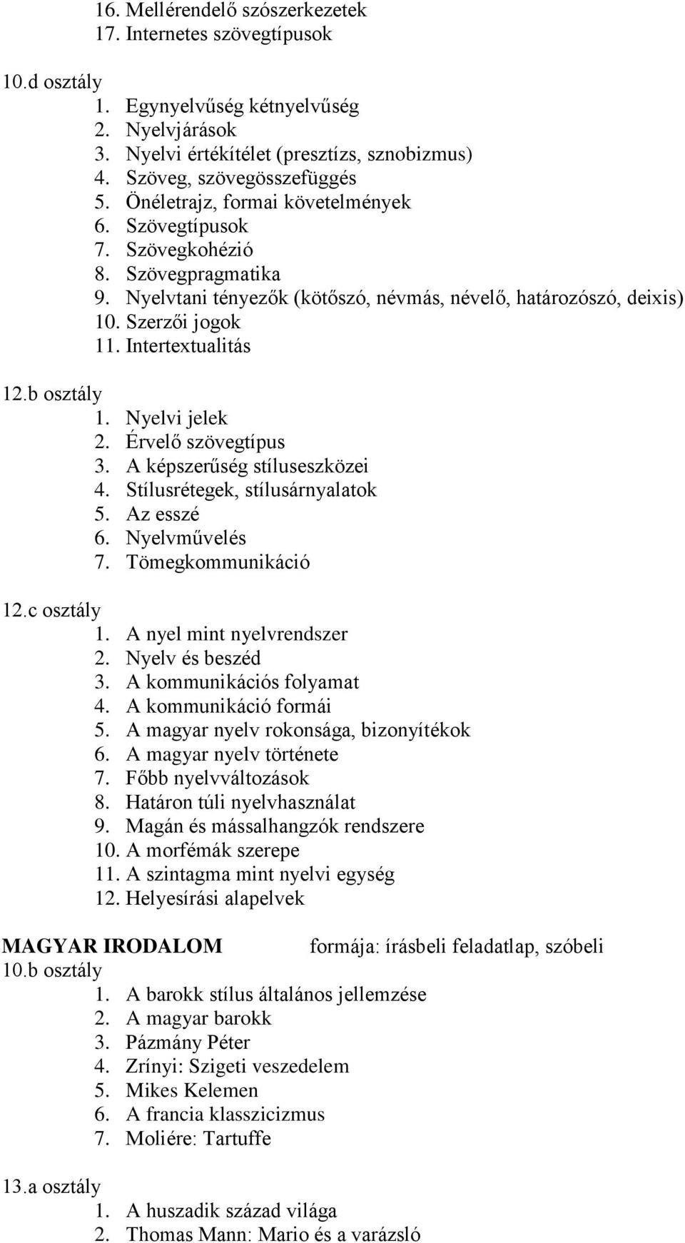 b osztály 1. Nyelvi jelek 2. Érvelő szövegtípus 3. A képszerűség stíluseszközei 4. Stílusrétegek, stílusárnyalatok 5. Az esszé 6. Nyelvművelés 7. Tömegkommunikáció 12.c osztály 1.