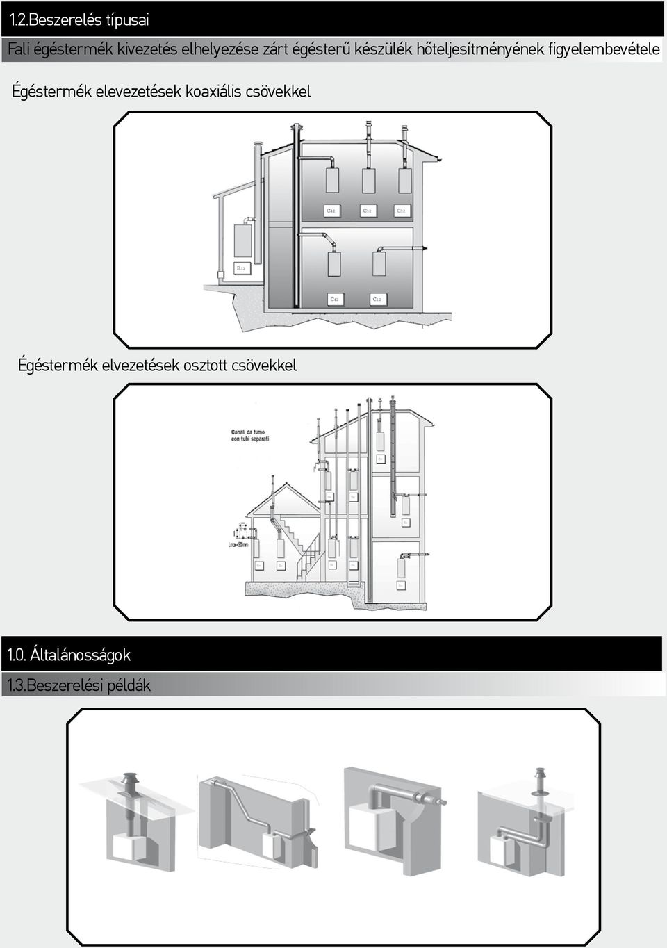 Égéstermék elevezetések koaxiális csövekkel Égéstermék