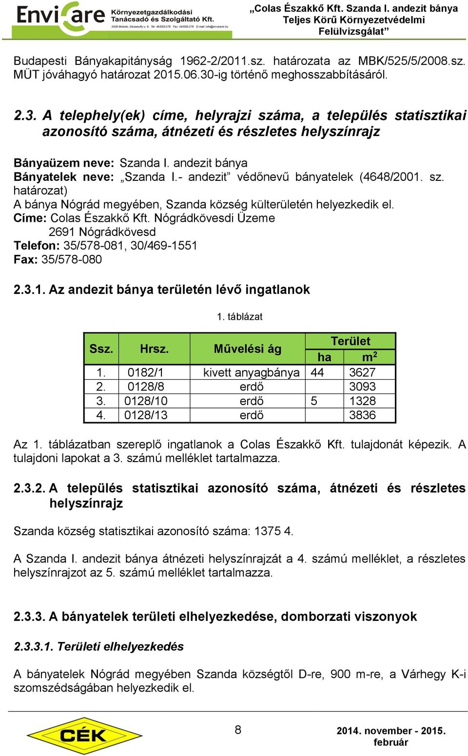 andezit bánya Bányatelek neve: Szanda I.- andezit védőnevű bányatelek (4648/2001. sz. határozat) A bánya Nógrád megyében, Szanda község külterületén helyezkedik el. Címe: Colas Északkő Kft.