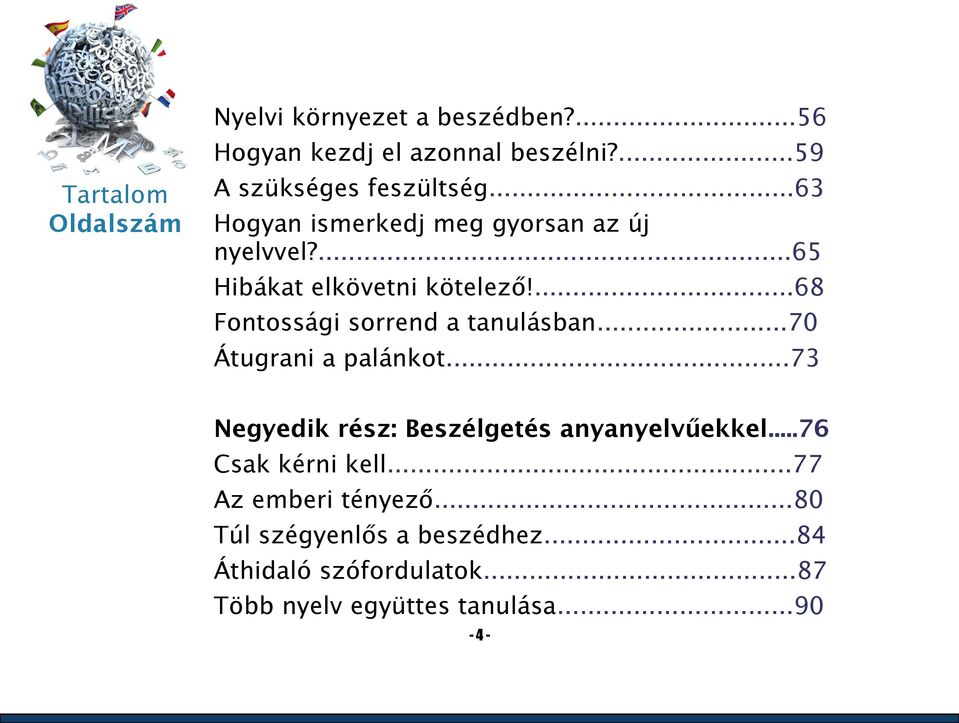 ...68 Fontossági sorrend a tanulásban...70 Átugrani a palánkot...73 Negyedik rész: Beszélgetés anyanyelvűekkel.