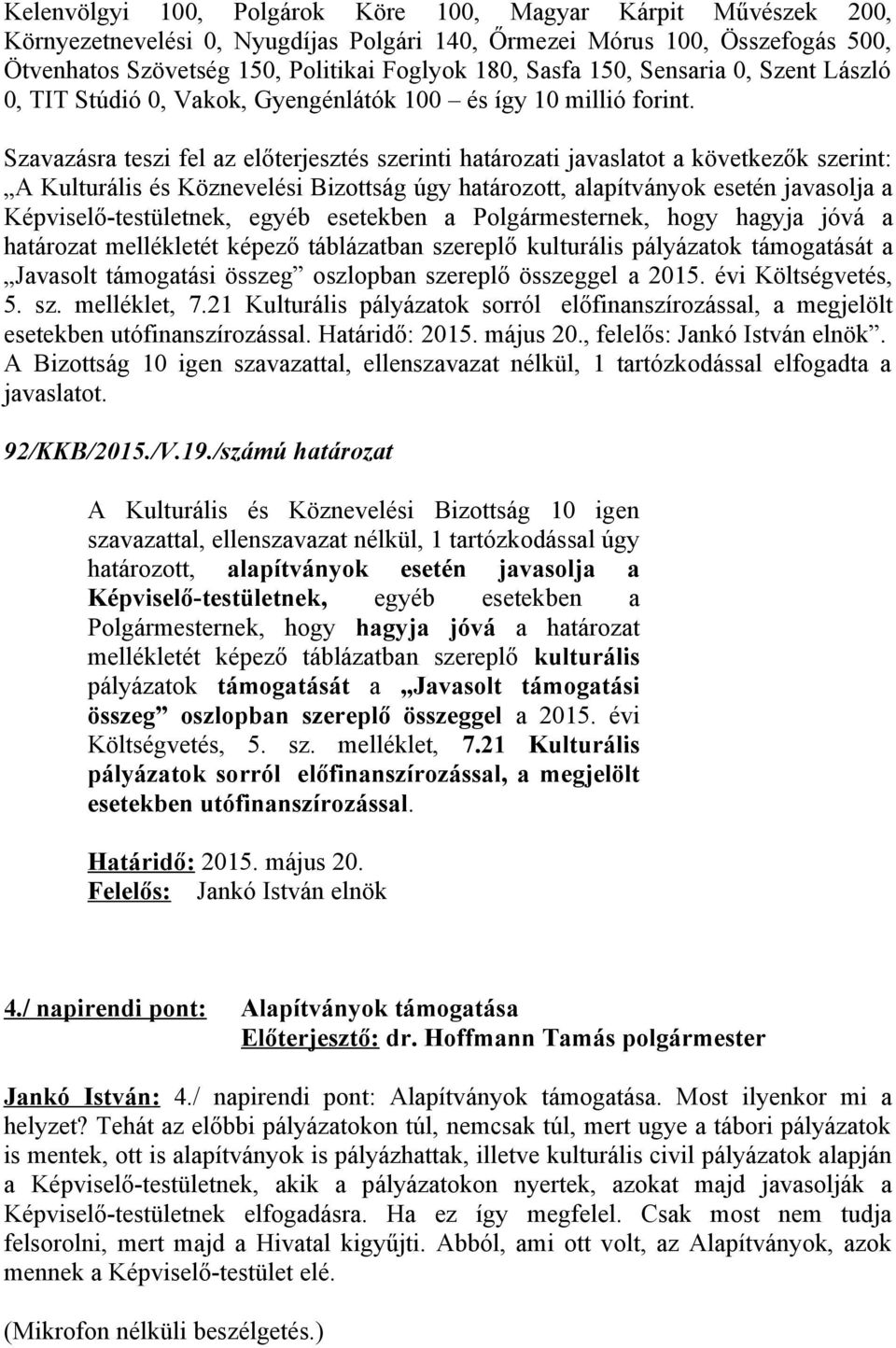 Szavazásra teszi fel az előterjesztés szerinti határozati javaslatot a következők szerint: A Kulturális és Köznevelési Bizottság úgy határozott, alapítványok esetén javasolja a Képviselő-testületnek,