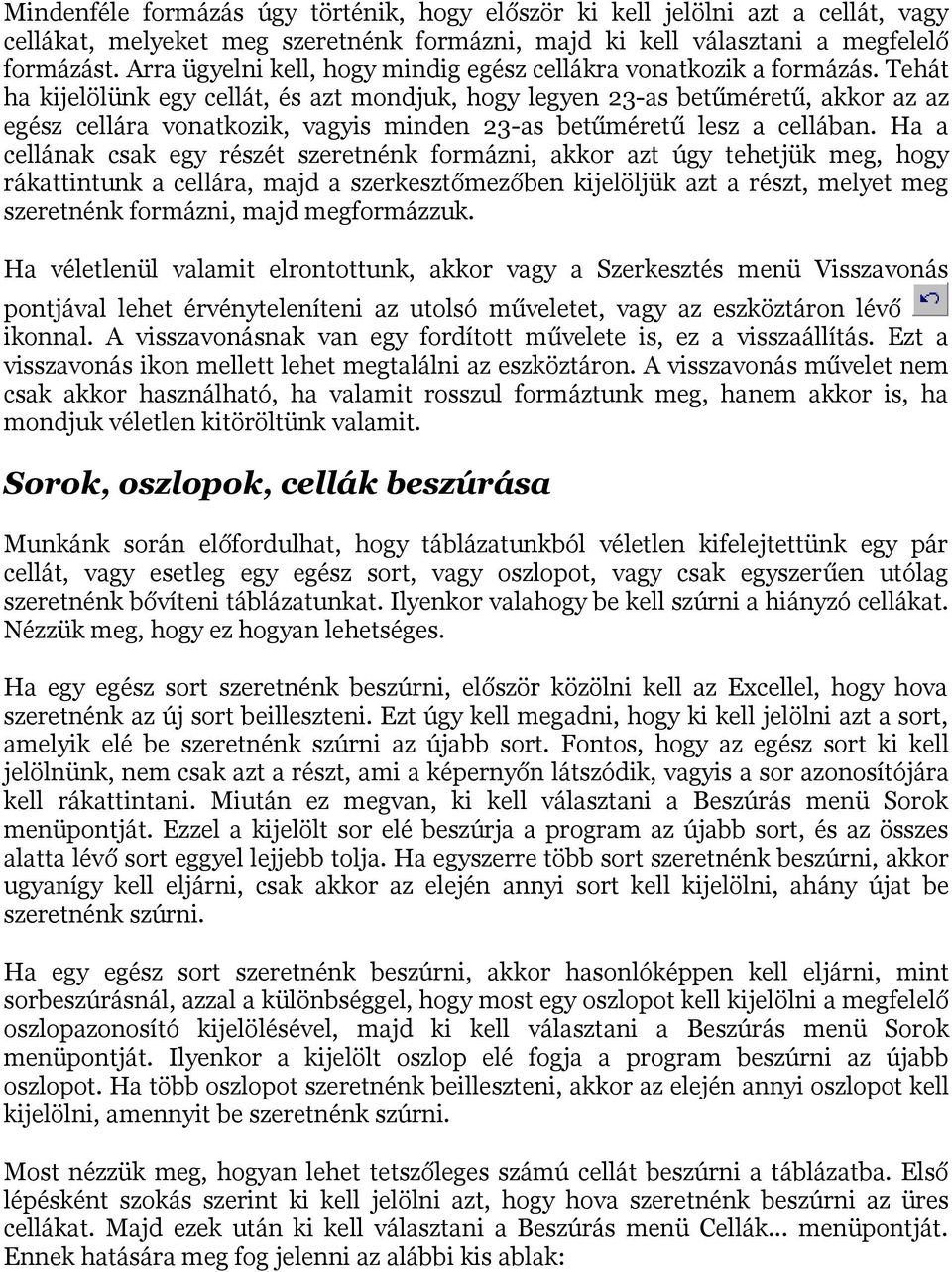 Tehát ha kijelölünk egy cellát, és azt mondjuk, hogy legyen 23-as betűméretű, akkor az az egész cellára vonatkozik, vagyis minden 23-as betűméretű lesz a cellában.