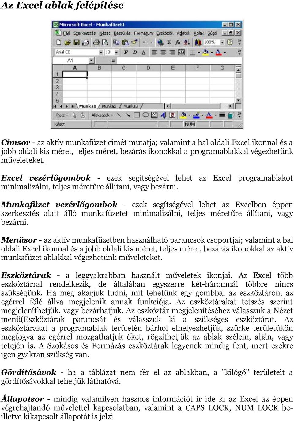 Munkafüzet vezérlőgombok - ezek segítségével lehet az Excelben éppen szerkesztés alatt álló munkafüzetet minimalizálni, teljes méretűre állítani, vagy bezárni.