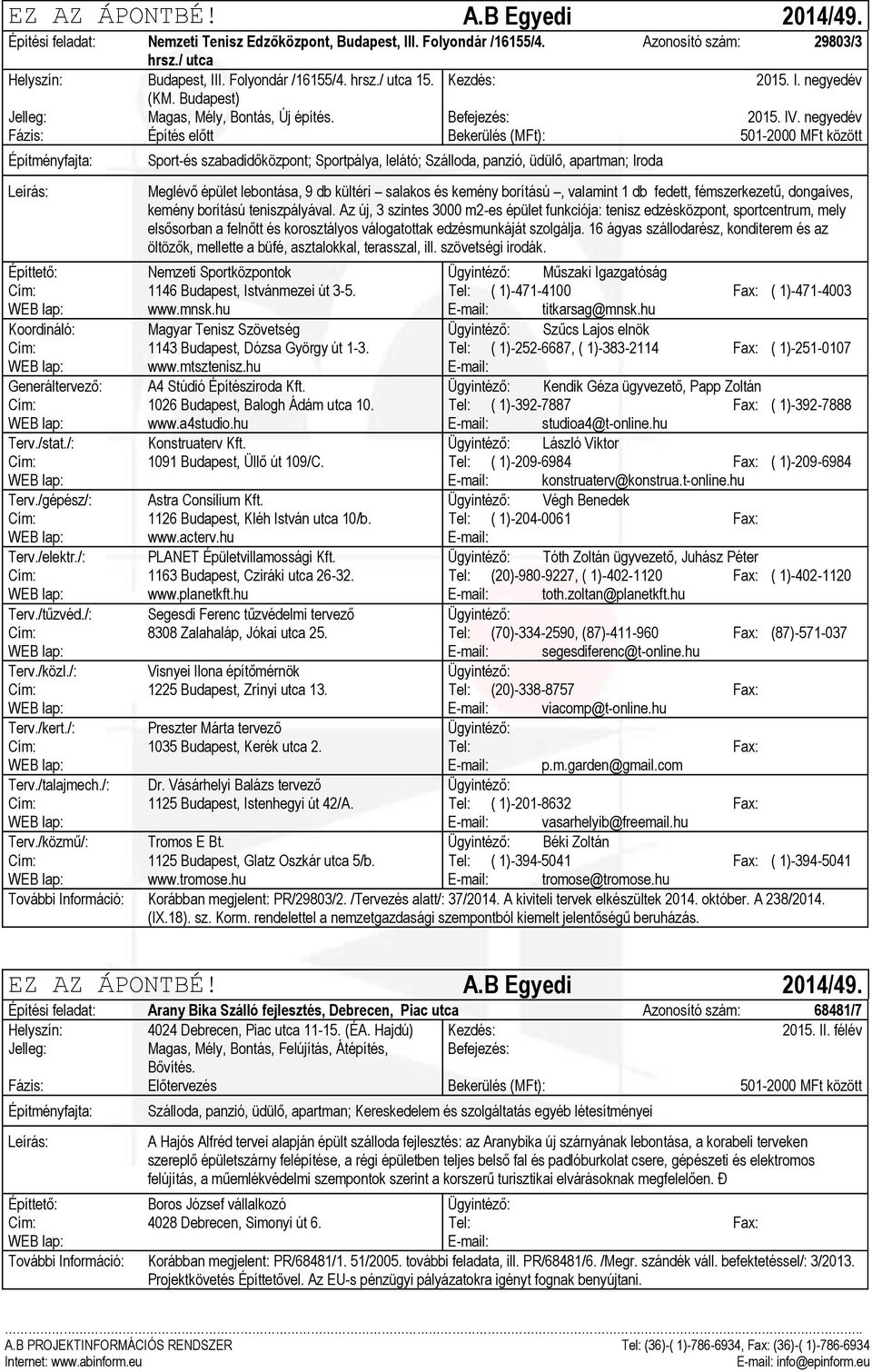 negyedév Fázis: Építés előtt Bekerülés (MFt): 501-2000 MFt között Sport-és szabadidőközpont; Sportpálya, lelátó; Szálloda, panzió, üdülő, apartman; Iroda Meglévő épület lebontása, 9 db kültéri