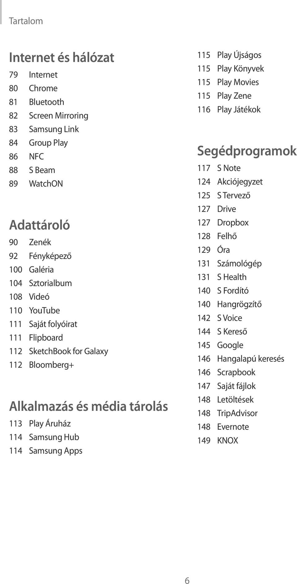 115 Play Újságos 115 Play Könyvek 115 Play Movies 115 Play Zene 116 Play Játékok Segédprogramok 117 S Note 124 Akciójegyzet 125 S Tervező 127 Drive 127 Dropbox 128 Felhő 129 Óra 131