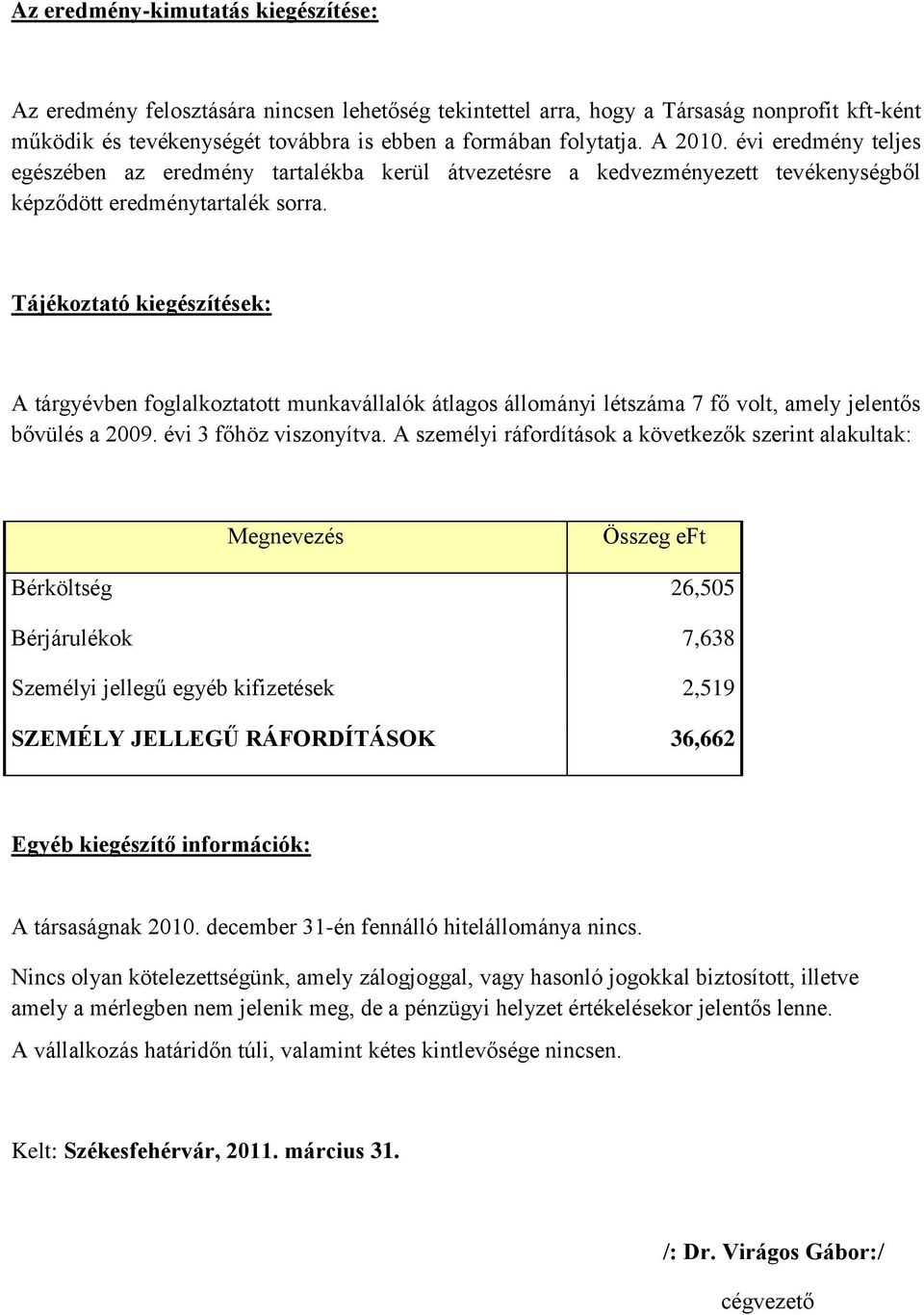 Tájékoztató kiegészítések: A tárgyévben foglalkoztatott munkavállalók átlagos állományi létszáma 7 fő volt, amely jelentős bővülés a 2009. évi 3 főhöz viszonyítva.
