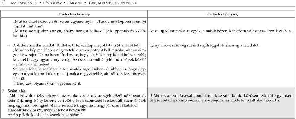 melléklet): Minden kép mellé a kis négyzetekbe annyi pöttyöt kell rajzolni, ahány virágot látsz rajta! Utána hasonlítsd össze, hogy a két-két kép közül hol van több, kevesebb vagy ugyanannyi virág!