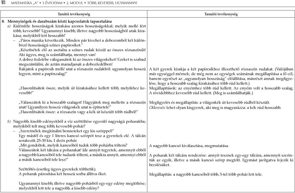 Ugyanannyi kisebb, illetve nagyobb hosszúságból utak kirakása; melyikből lett hosszabb? Páros munka következik. Minden pár kivehet a dobozomból két különböző hosszúságú színes papírcsíkot.