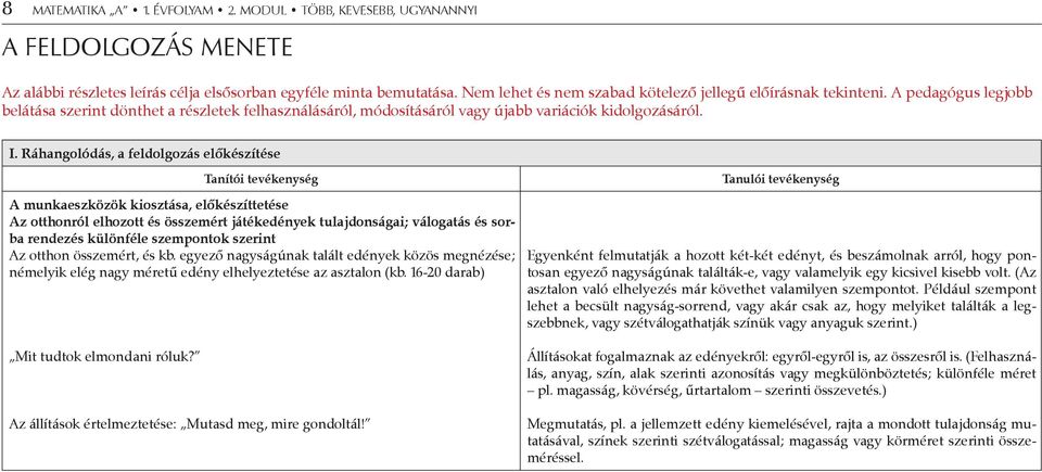 Ráhangolódás, a feldolgozás előkészítése Tanítói tevékenység A munkaeszközök kiosztása, előkészíttetése Az otthonról elhozott és összemért játékedények tulajdonságai; válogatás és sorba rendezés