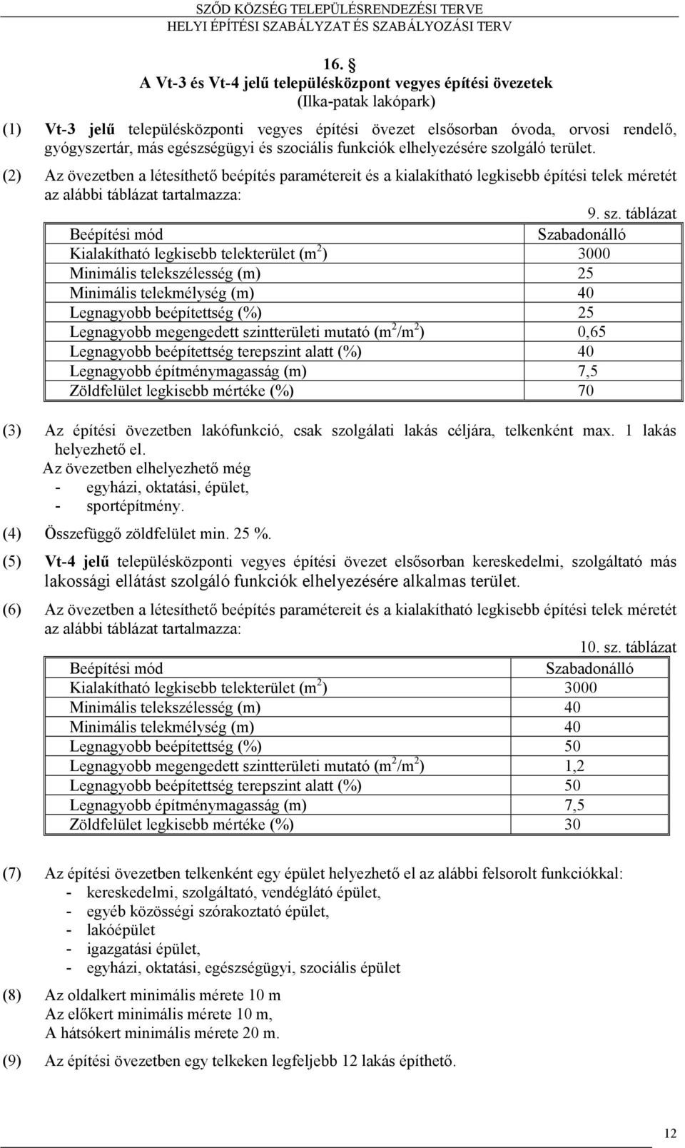 (2) Az övezetben a létesíthető beépítés paramétereit és a kialakítható legkisebb építési telek méretét az alábbi táblázat tartalmazza: 9. sz.