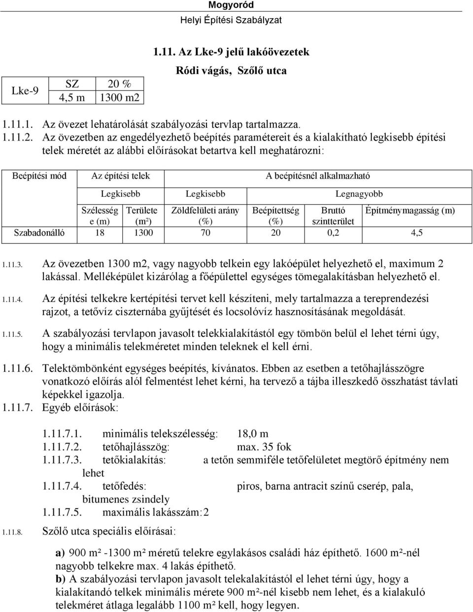 1.11. Az Lke-9 jelű lakóövezetek Ródi vágás, Szőlő utca 1.11.1. Az övezet lehatárolását szabályozási tervlap tartalmazza. 1.11.2.