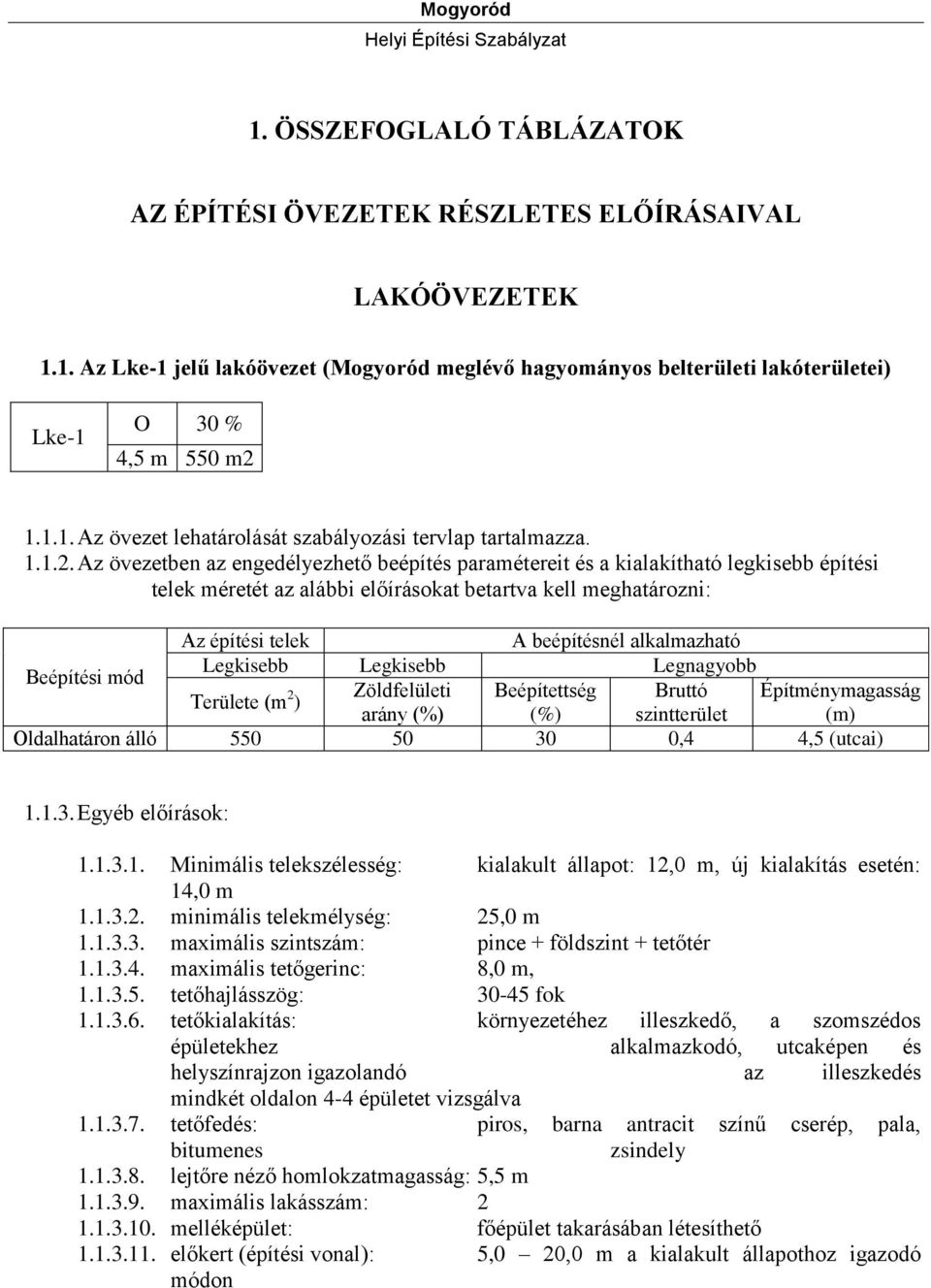 Az övezetben az engedélyezhető beépítés paramétereit és a kialakítható legkisebb építési telek méretét az alábbi előírásokat betartva kell meghatározni: Az építési telek Legkisebb Legkisebb