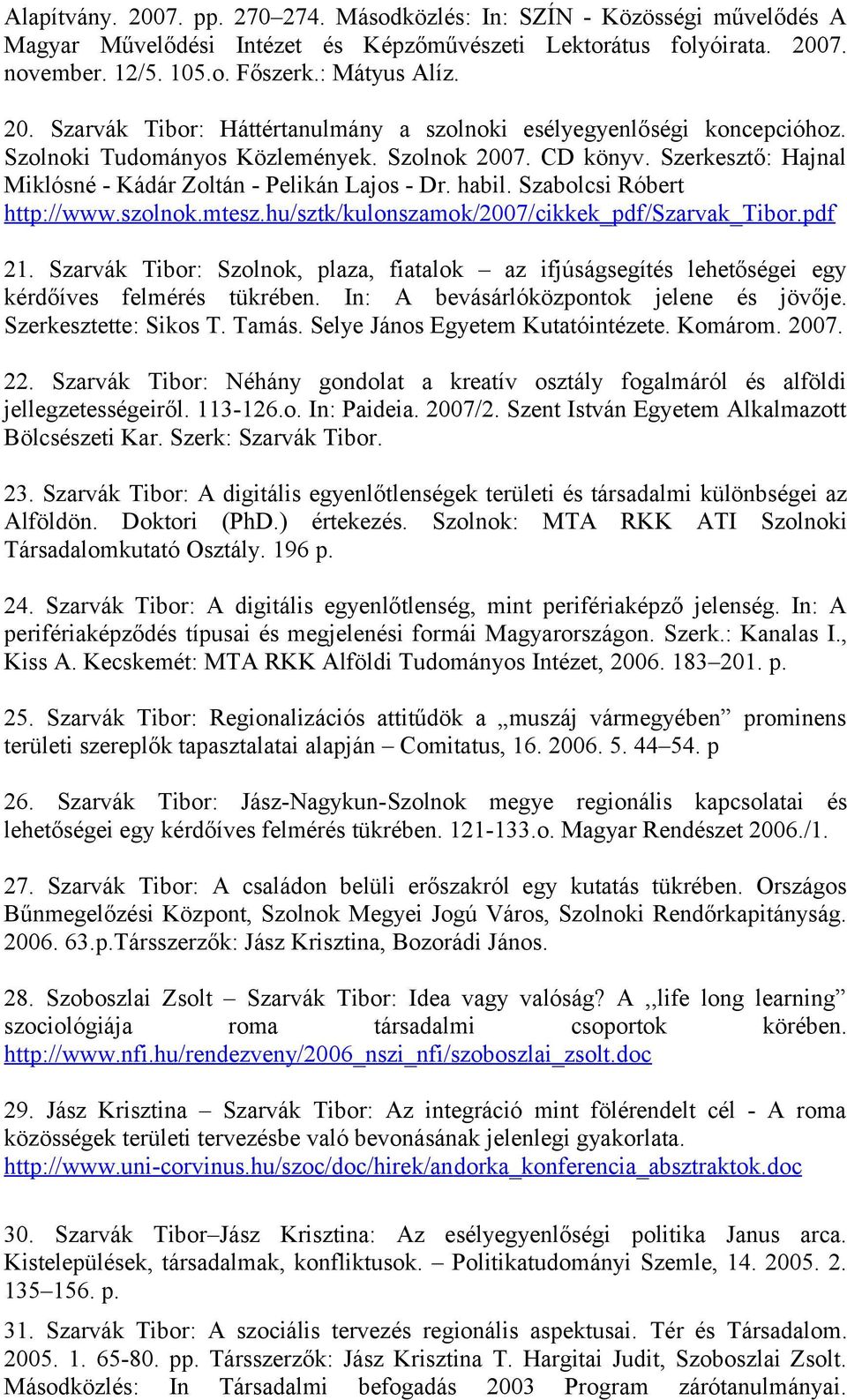 hu/sztk/kulonszamok/2007/cikkek_pdf/szarvak_tibor.pdf 21. Szarvák Tibor: Szolnok, plaza, fiatalok az ifjúságsegítés lehetőségei egy kérdőíves felmérés tükrében.