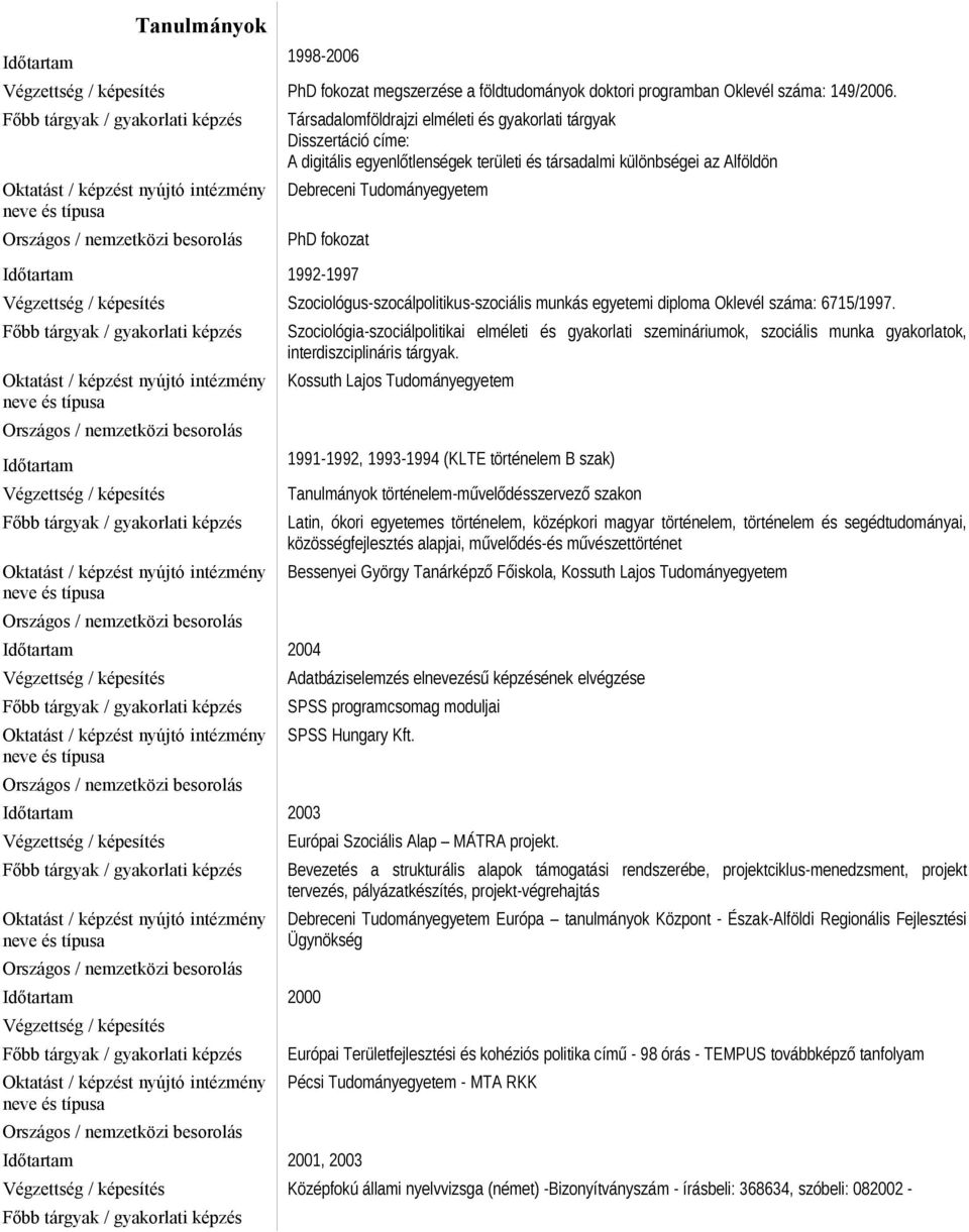 egyenlőtlenségek területi és társadalmi különbségei az Alföldön Debreceni Tudományegyetem PhD fokozat Időtartam 1992-1997 Végzettség / képesítés Szociológus-szocálpolitikus-szociális munkás egyetemi