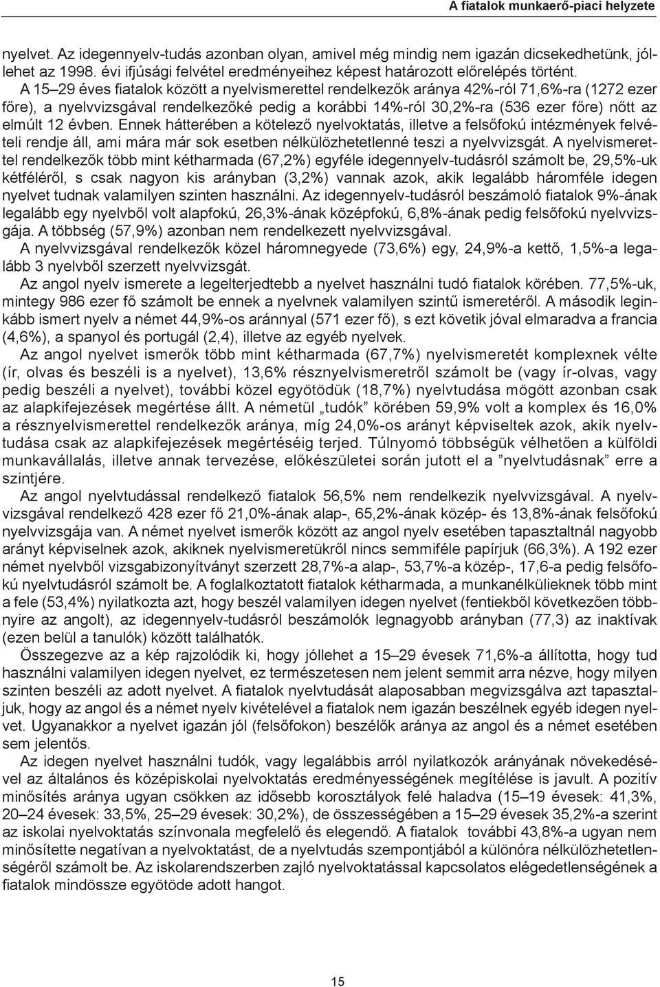 A 15 29 éves fi atalok között a nyelvismerettel rendelkezők aránya 42%-ról 71,6%-ra (1272 ezer főre), a nyelvvizsgával rendelkezőké pedig a korábbi 14%-ról 30,2%-ra (536 ezer főre) nőtt az elmúlt 12