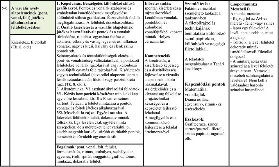 Önálló kísérletezés a vizuális alapelemek játékos használatával: pontok és a vonalak sűrűsödése, ritkulása, egymásra fedése és takarása, vékony és vastag, egyenes és hullámzó vonalak, nagy és kicsi,