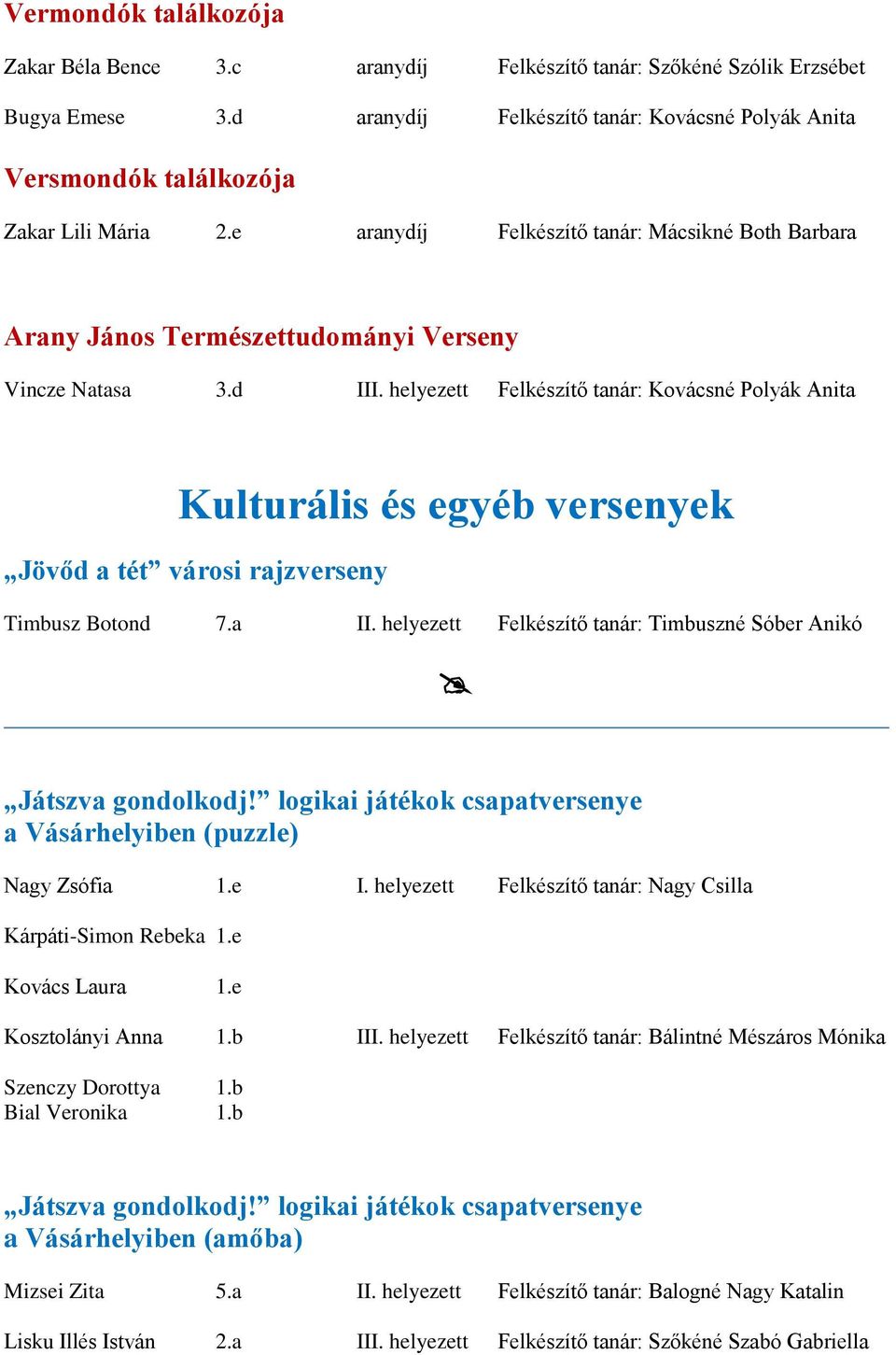 d III. helyezett Felkészítő tanár: Kovácsné Polyák Anita Kulturális és egyéb versenyek Jövőd a tét városi rajzverseny Timbusz Botond 7.a II.