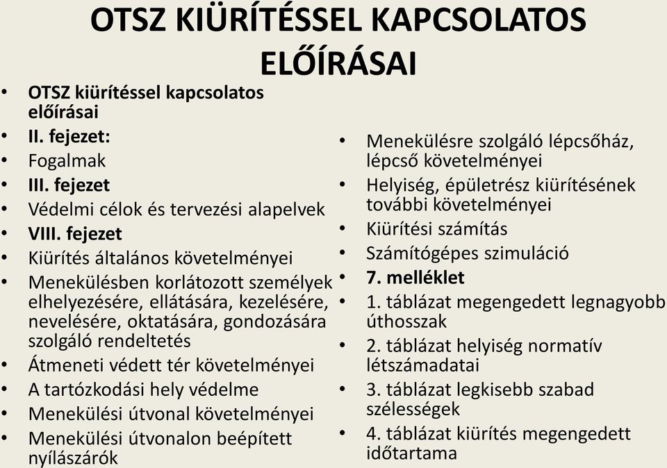 követelményei A tartózkodási hely védelme Menekülési útvonal követelményei Menekülési útvonalon beépített nyílászárók Menekülésre szolgáló lépcsőház, lépcső követelményei Helyiség, épületrész