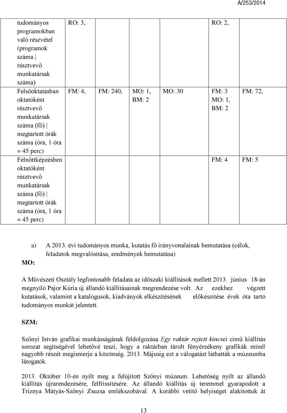 évi tudományos munka, kutatás fő irányvonalainak bemutatása (célok, feladatok megvalósítása, eredmények bemutatása) MO: A Művészeti Osztály legfontosabb feladata az időszaki kiállítások mellett 2013.