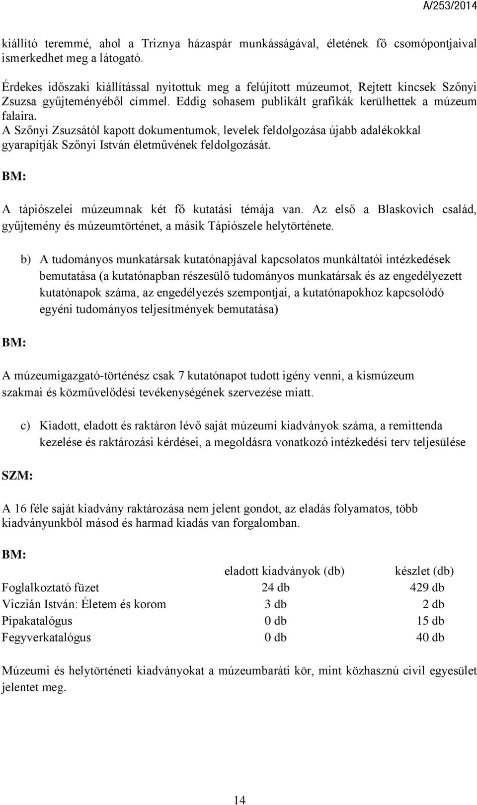 A Szőnyi Zsuzsától kapott dokumentumok, levelek feldolgozása újabb adalékokkal gyarapítják Szőnyi István életművének feldolgozását. A tápiószelei múzeumnak két fő kutatási témája van.