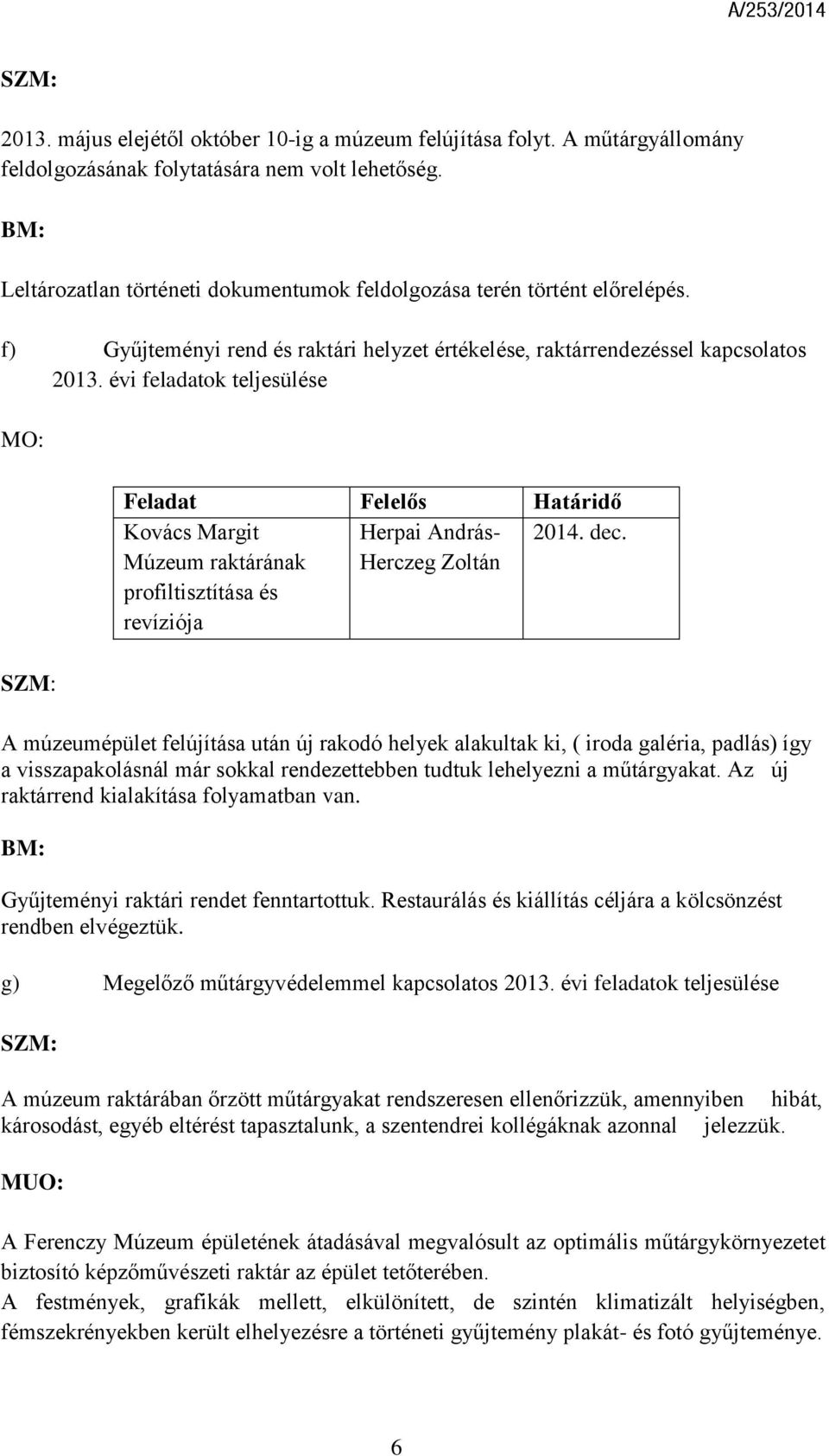 évi feladatok teljesülése MO: Feladat Felelős Határidő Kovács Margit Múzeum raktárának profiltisztítása és revíziója Herpai András- Herczeg Zoltán 2014. dec.