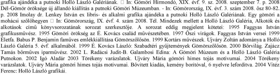 Egy gömöri a mohácsi szőlőhegyen In: Gömörország, IX. évf. 4. szám 2008. Tél. Mindezek mellett a Holló László Galéria, Alkotók és alkotások című könyvsorozatának sorozat szerkesztője.