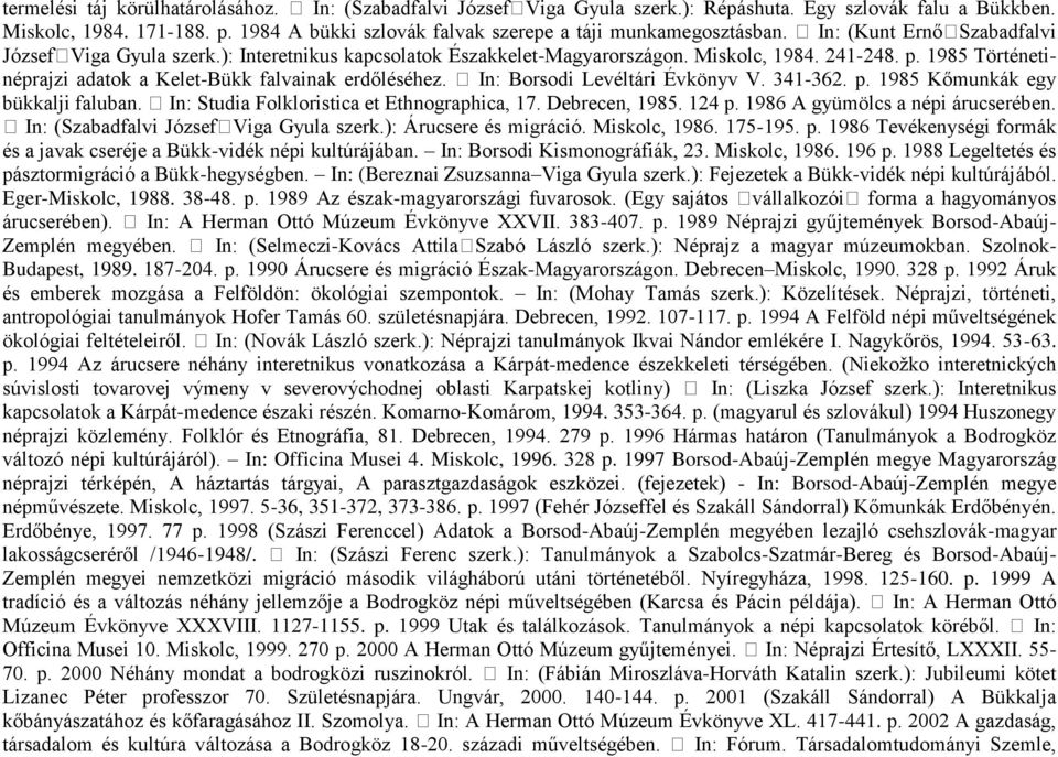 1985 Történetinéprajzi adatok a Kelet-Bükk falvainak erdőléséhez. In: Borsodi Levéltári Évkönyv V. 341-362. p. 1985 Kőmunkák egy bükkalji faluban. In: Studia Folkloristica et Ethnographica, 17.