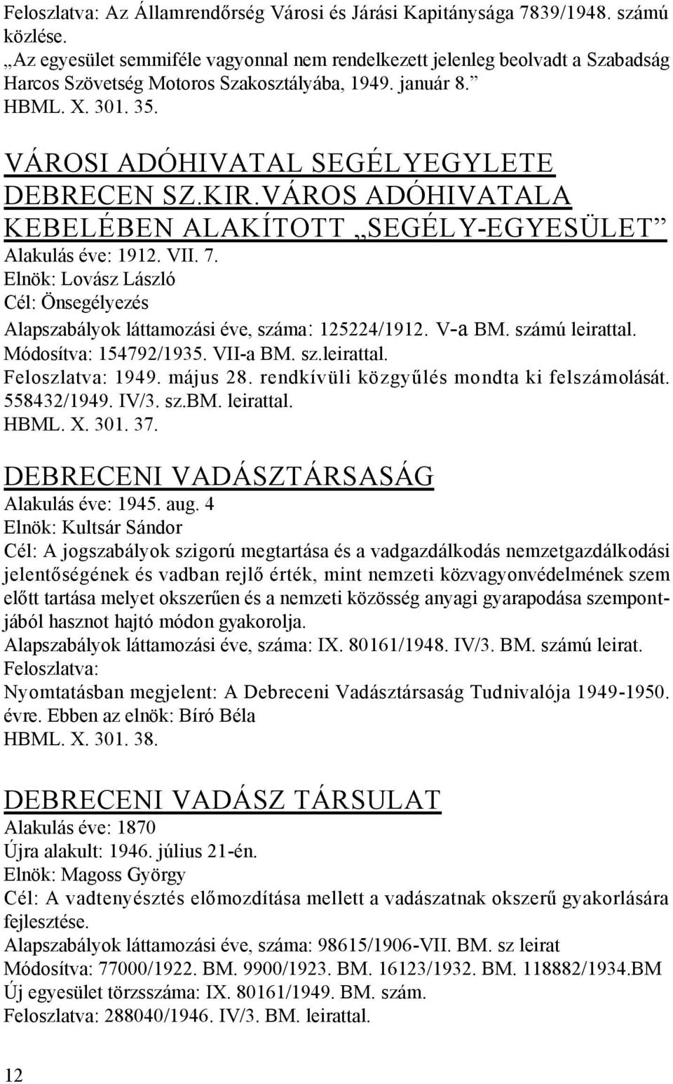 KIR.VÁROS ADÓHIVATALA KEBELÉBEN ALAKÍTOTT SEGÉLY-EGYESÜLET Alakulás éve: 1912. VII. 7. Elnök: Lovász László Cél: Önsegélyezés Alapszabályok láttamozási éve, száma: 125224/1912. V-a BM.