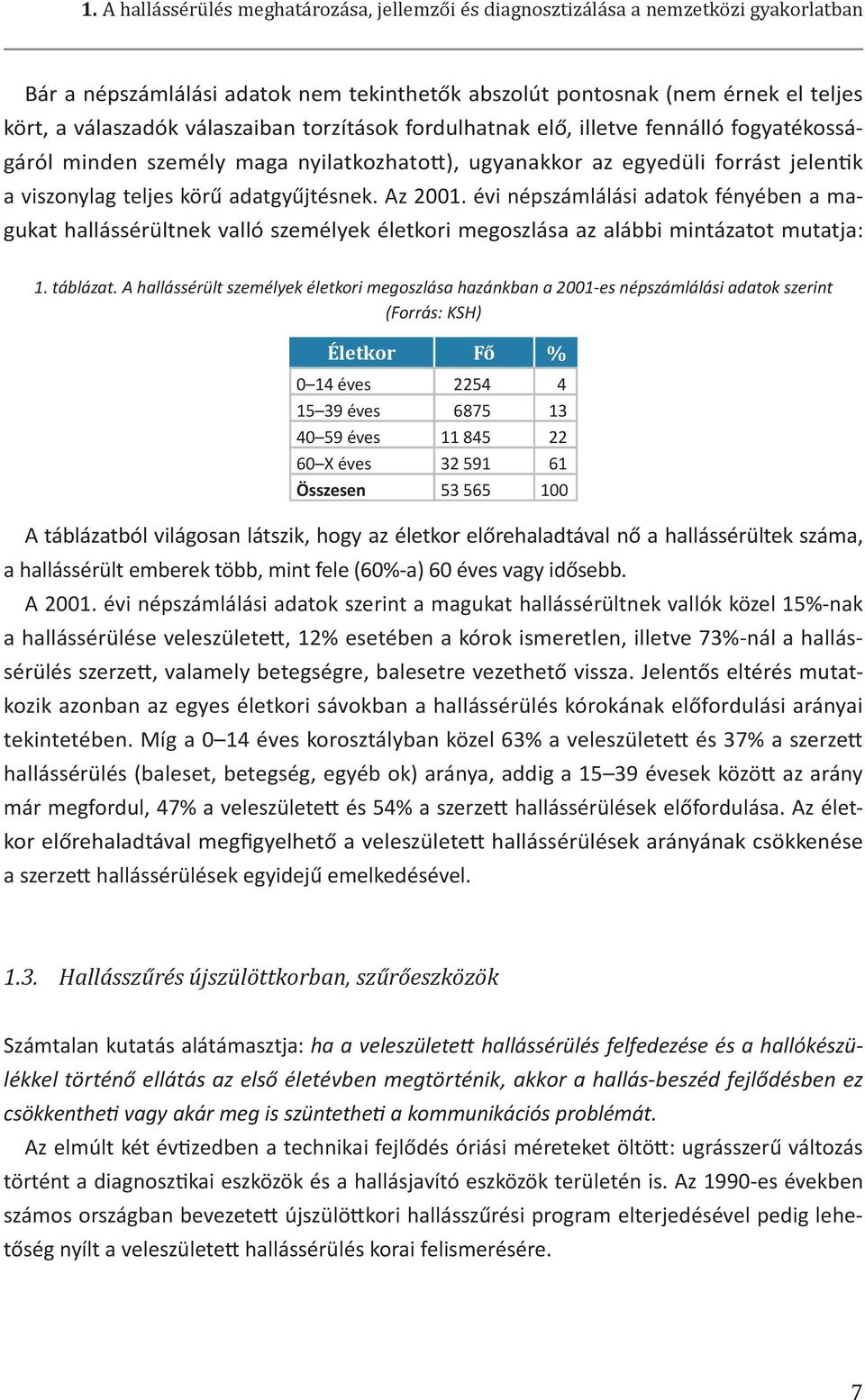 Az 2001. évi népszámlálási adatok fényében a magukat hallássérültnek valló személyek életkori megoszlása az alábbi mintázatot mutatja: 1. táblázat.