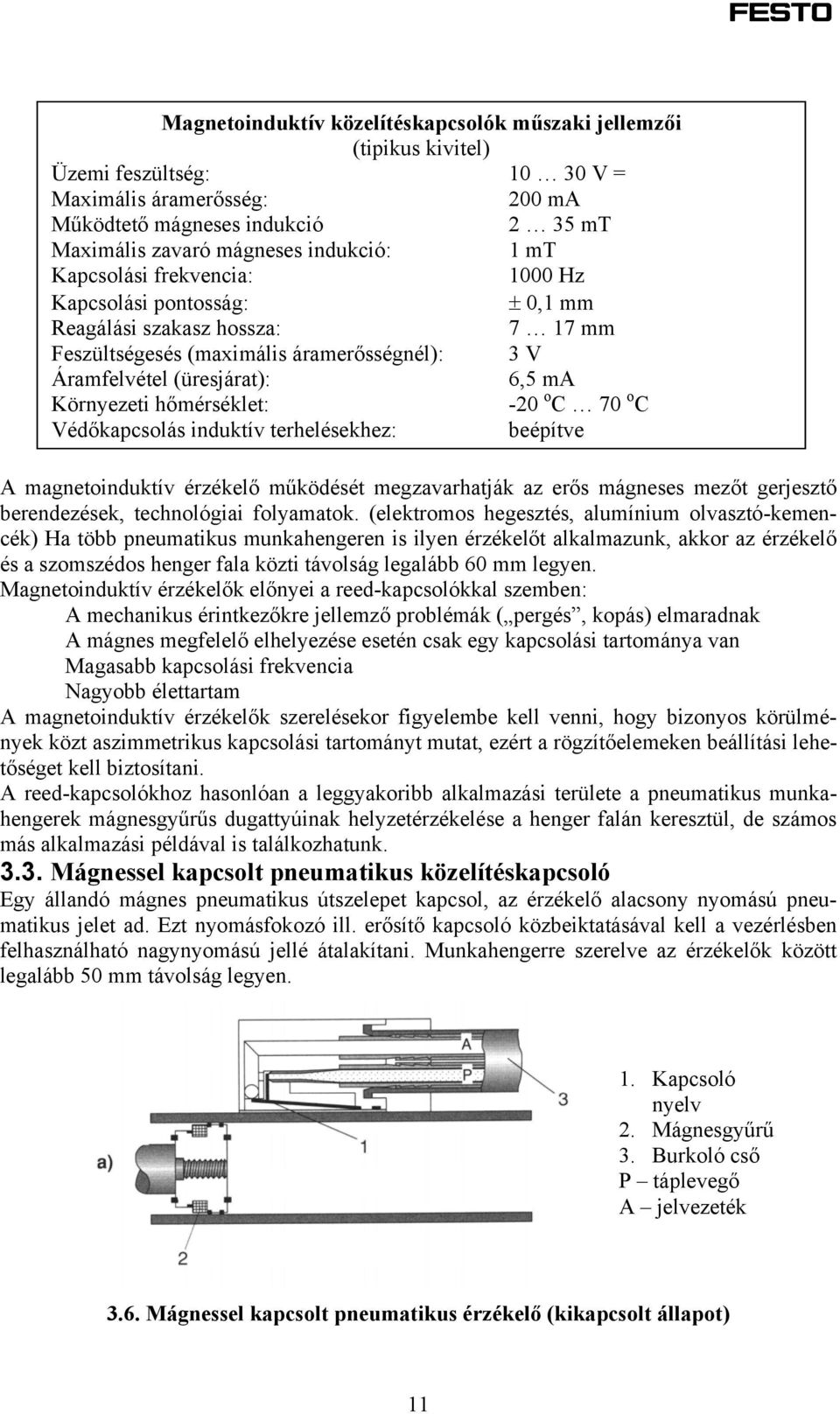 Környezeti hőmérséklet: -20 o C 70 o C Védőkapcsolás induktív terhelésekhez: beépítve A magnetoinduktív érzékelő működését megzavarhatják az erős mágneses mezőt gerjesztő berendezések, technológiai