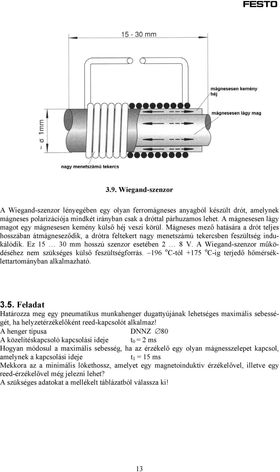 Mágneses mező hatására a drót teljes hosszában átmágneseződik, a drótra feltekert nagy menetszámú tekercsben feszültség indukálódik. Ez 15 30 mm hosszú szenzor esetében 2 8 V.