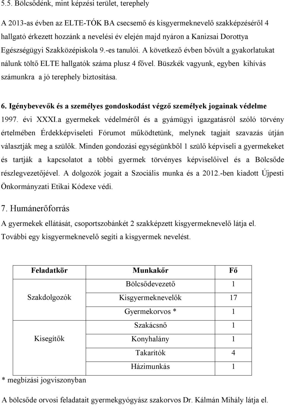 Büszkék vagyunk, egyben kihívás számunkra a jó terephely biztosítása. 6. Igénybevevők és a személyes gondoskodást végző személyek jogainak védelme 1997. évi XXXI.