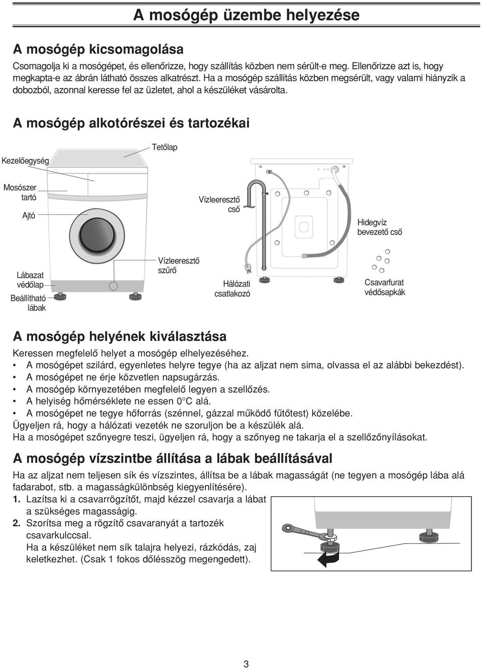 Ha a mosógép szállítás közben megsérült, vagy valami hiányzik a dobozból, azonnal keresse fel az üzletet, ahol a készüléket vásárolta.