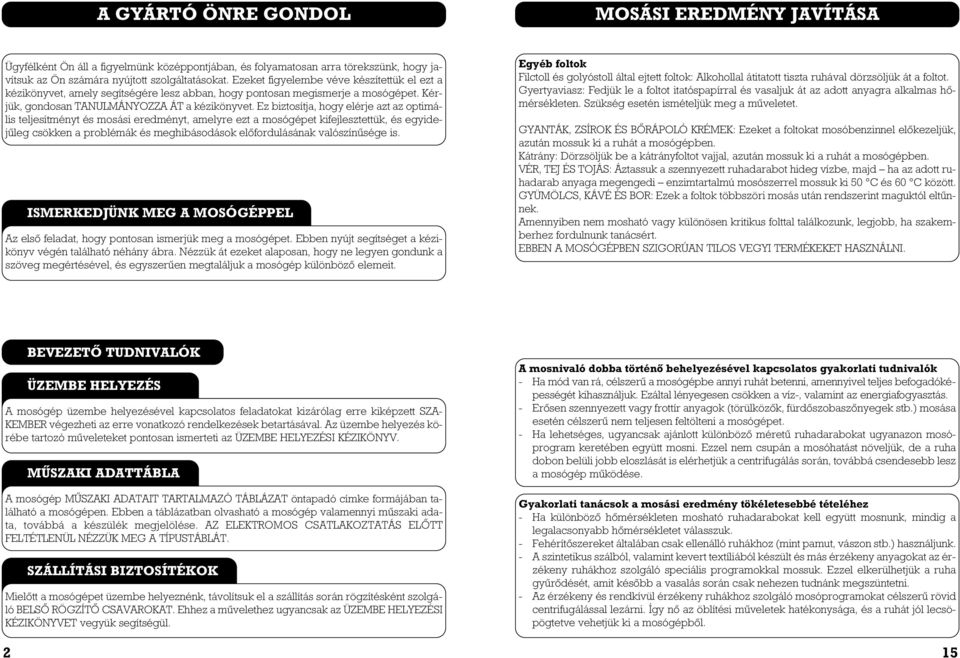 Ez biztosítja, hogy elérje azt az optimális teljesítményt és mosási eredményt, amelyre ezt a mosógépet kifejlesztettük, és egyidejûleg csökken a problémák és meghibásodások elôfordulásának