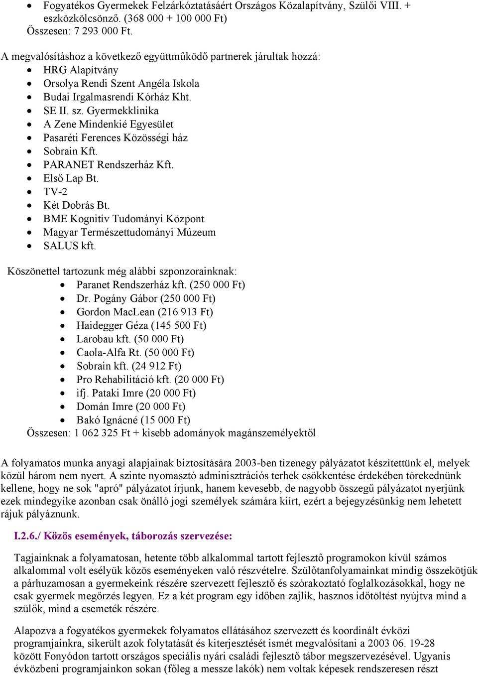 Gyermekklinika A Zene Mindenkié Egyesület Pasaréti Ferences Közösségi ház Sobrain Kft. PARANET Rendszerház Kft. Első Lap Bt. TV-2 Két Dobrás Bt.