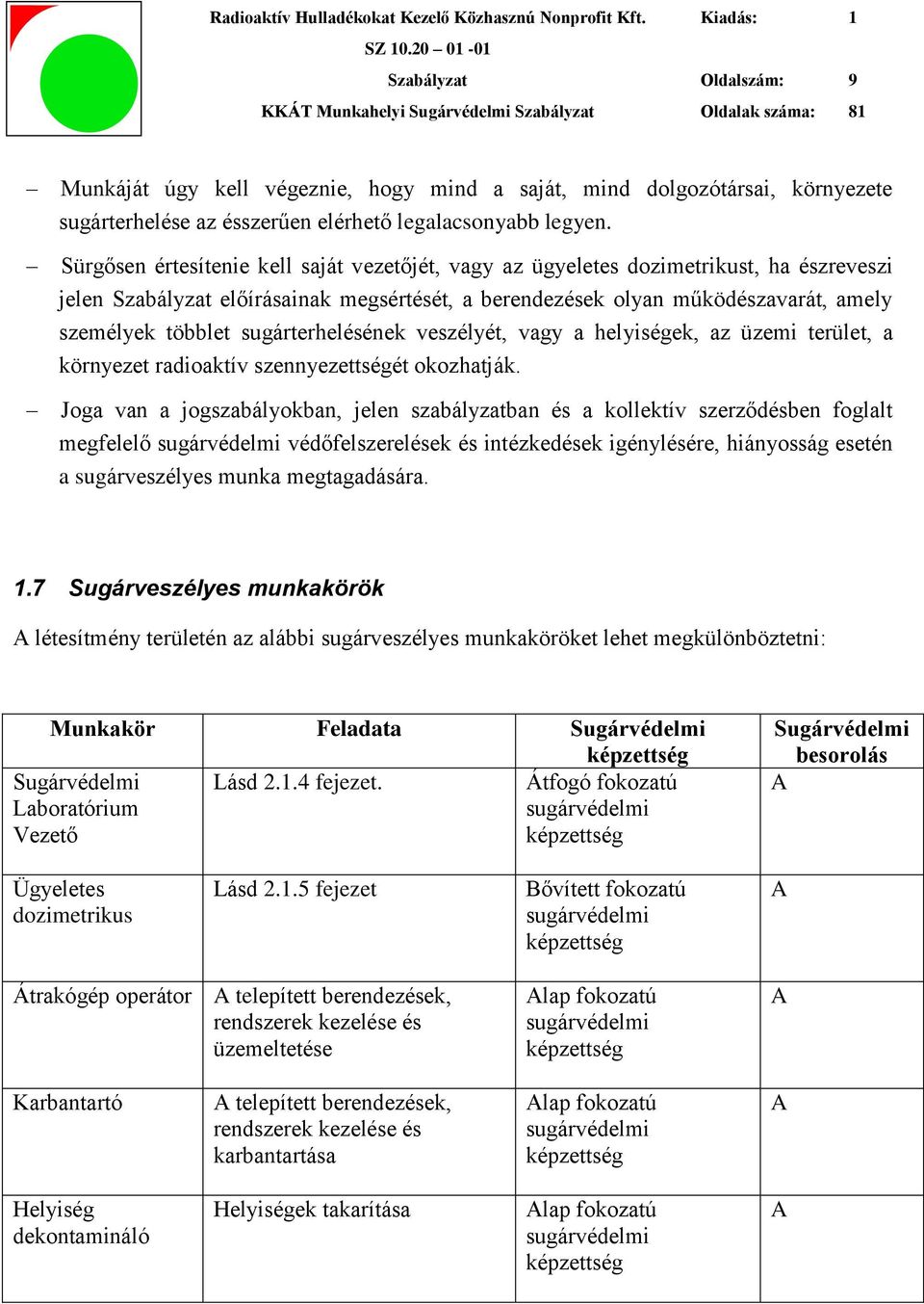 sugárterhelésének veszélyét, vagy a helyiségek, az üzemi terület, a környezet radioaktív szennyezettségét okozhatják.