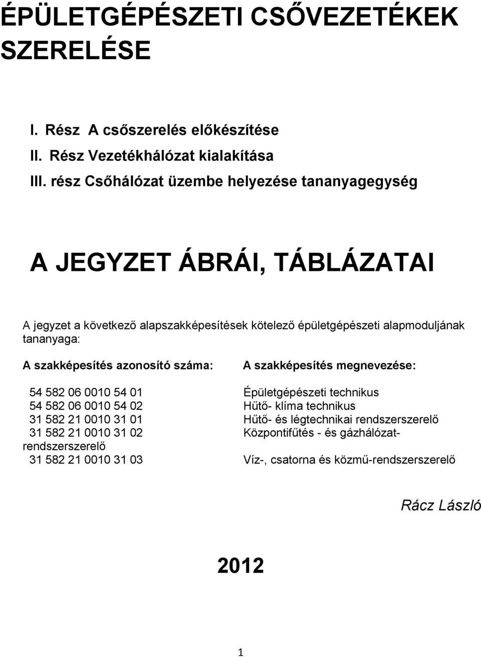 tananyaga: A szakképesítés azonosító száma: A szakképesítés megnevezése: 54 582 06 0010 54 01 Épületgépészeti technikus 54 582 06 0010 54 02 Hűtő- klíma