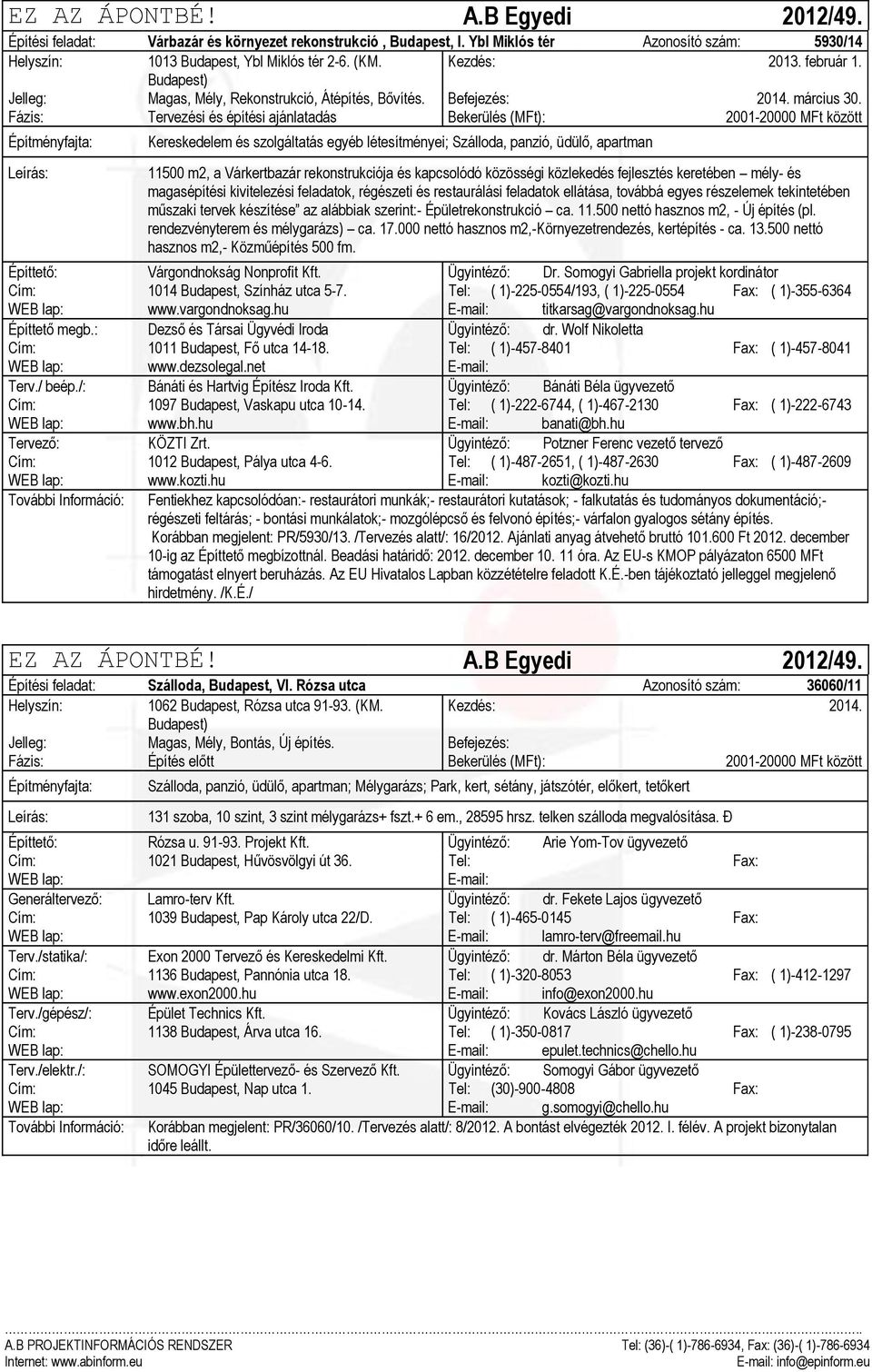 Fázis: Tervezési és építési ajánlatadás Bekerülés (MFt): 2001-20000 MFt között Kereskedelem és szolgáltatás egyéb létesítményei; Szálloda, panzió, üdülő, apartman 11500 m2, a Várkertbazár